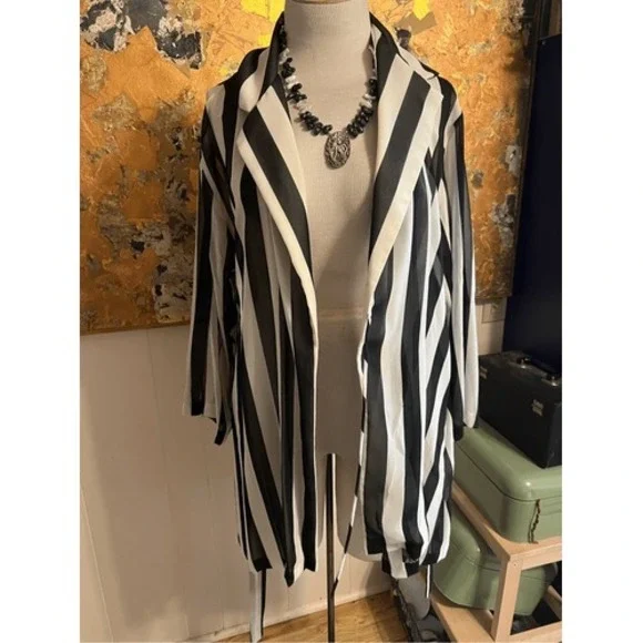 Vintage Natori Vintage Black & White Striped Short Sheer Summer Robe M - Picture 6 of 8